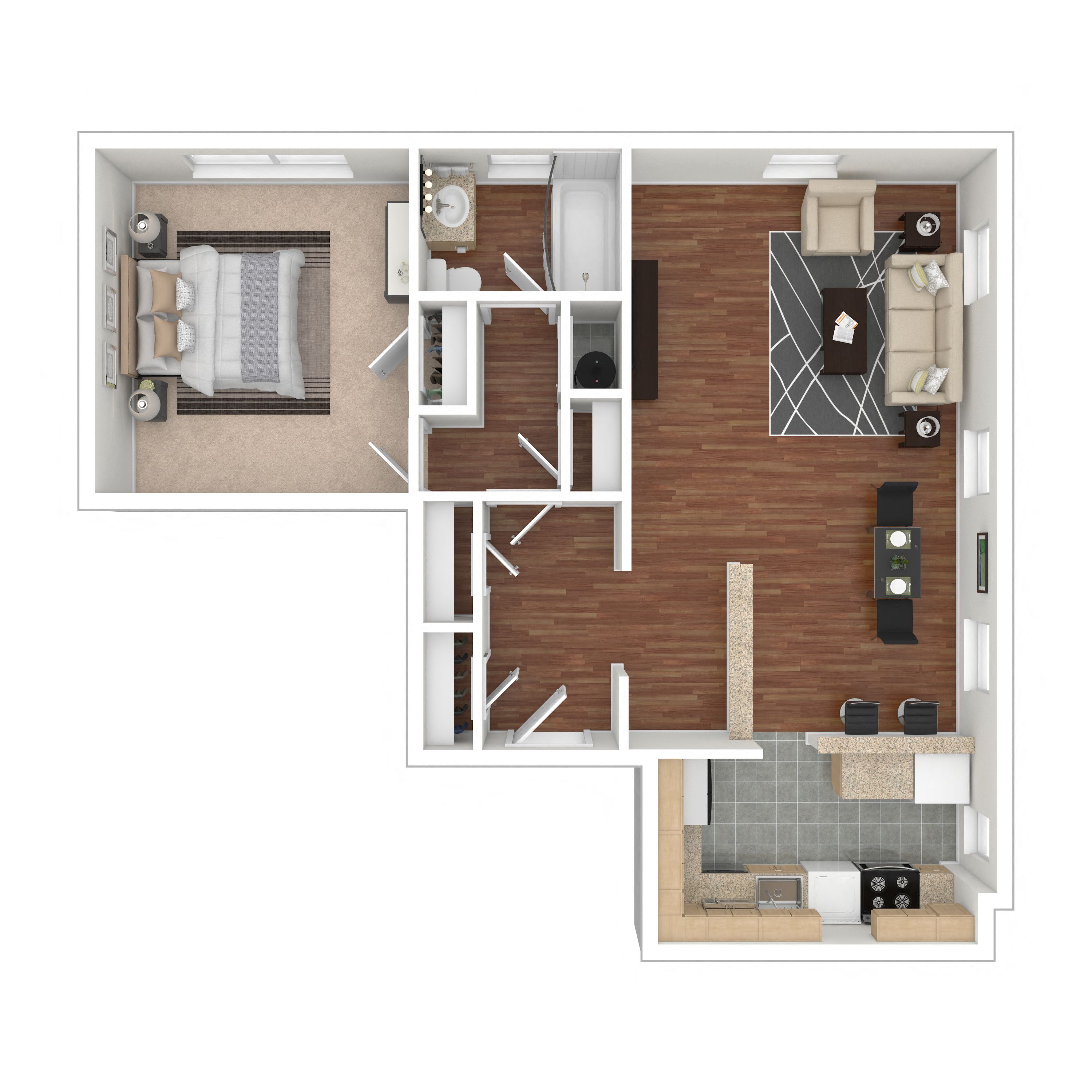 Floor plan for 1 bed, 1 bath, 750 sqft